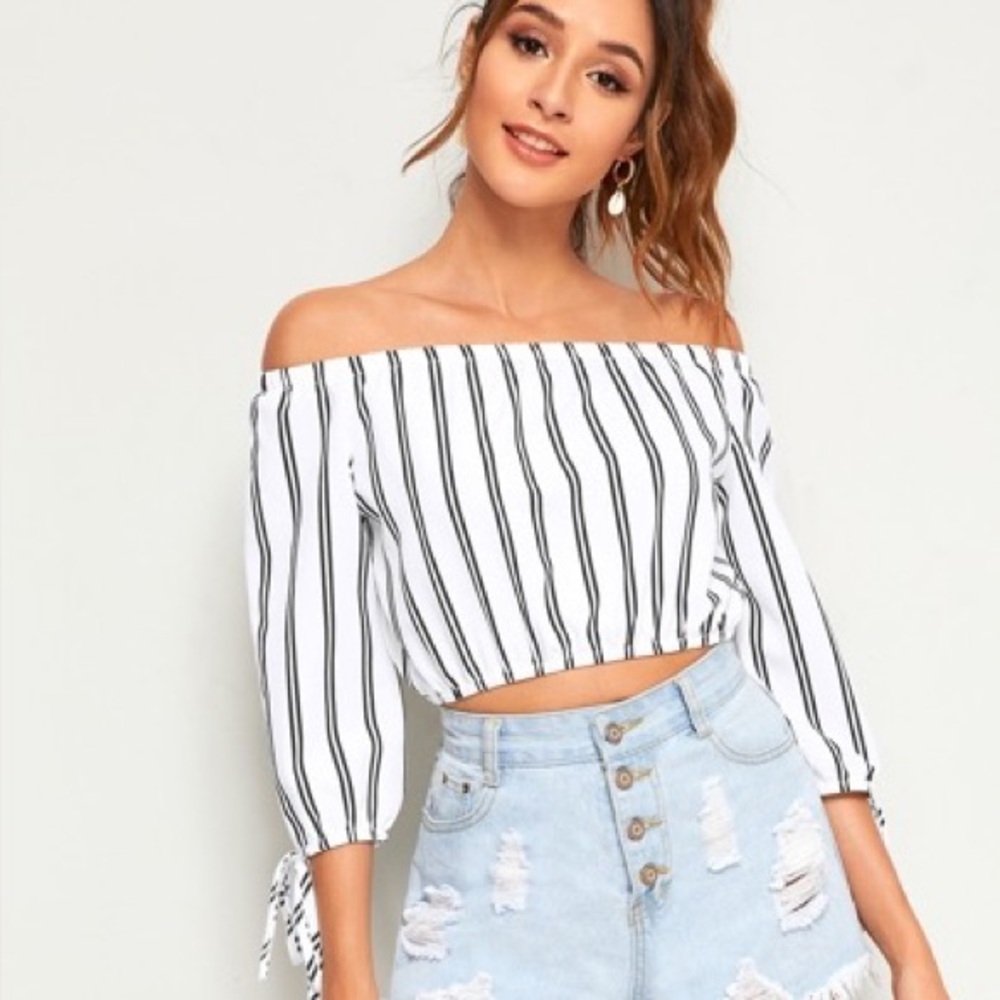 Black & White Striped Off-Shoulder Women's Top